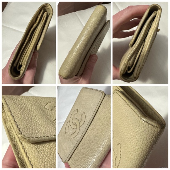 AUTHENTIC CHANEL Neutral Caviar Leather Interlocking C CC Vintage Logo Wallet - Picture 7 of 16